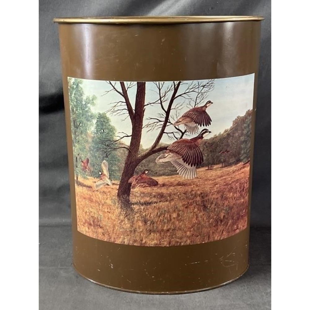 VINTAGE 1982 Metal Trash Can Basket; John Price, Quail